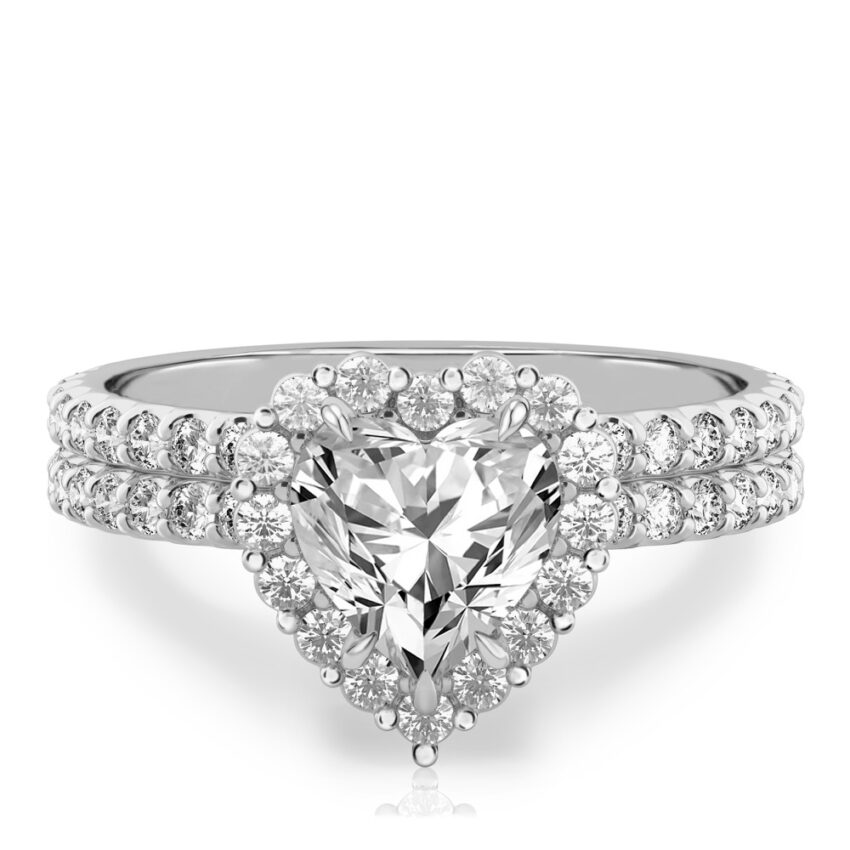 heart shape diamond scalloped halo engagement ring set in white gold