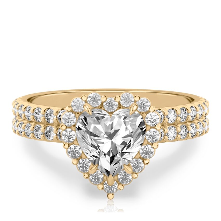 heart shape diamond scalloped halo engagement ring set in yellow gold
