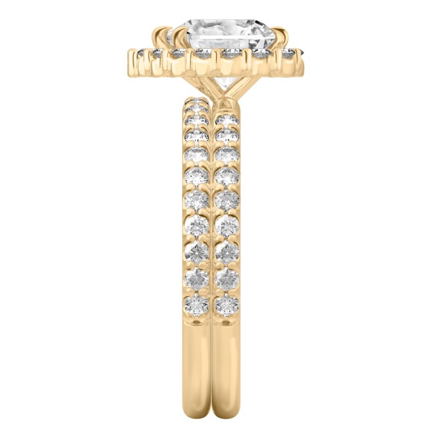 Side view of heart shape diamond scalloped halo engagement ring set yellow gold