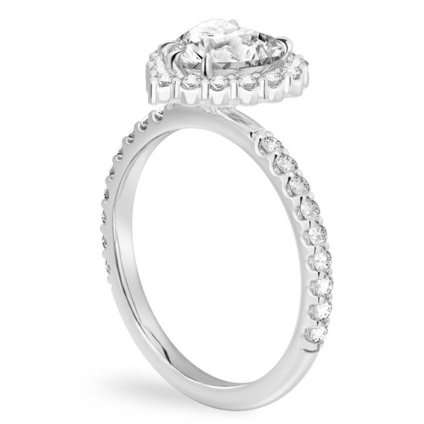 Angle view of heart shape diamond scalloped halo engagement ring white gold