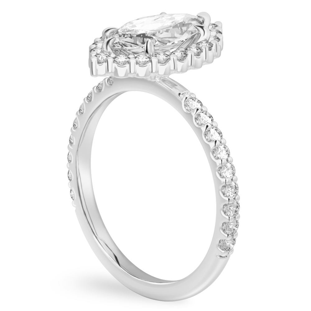 Angle view of marquise cut diamond scalloped halo engagement ring platinum