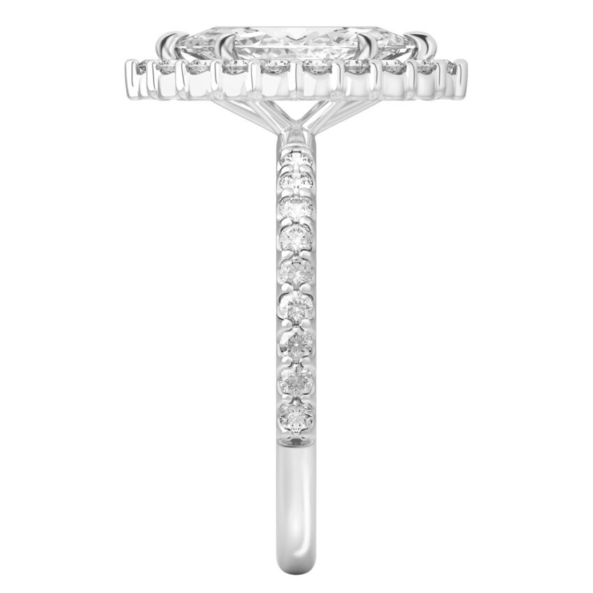 Side view of marquise cut diamond scalloped halo engagement ring platinum