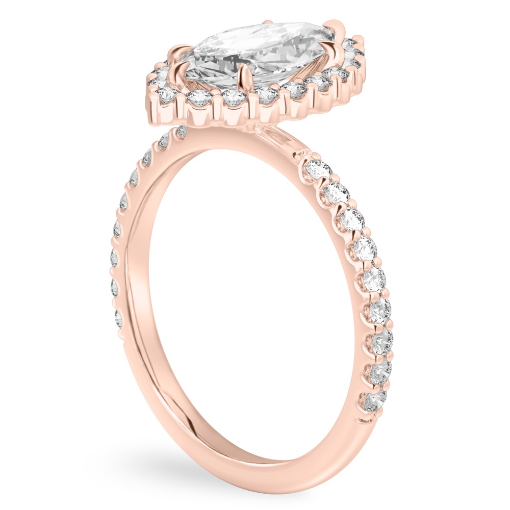 Angle view of marquise cut diamond scalloped halo engagement ring rose gold