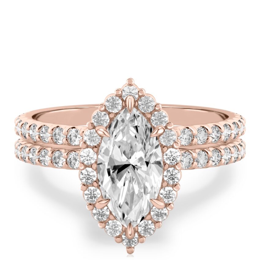 marquise cut diamond scalloped halo engagement ring set in rose gold