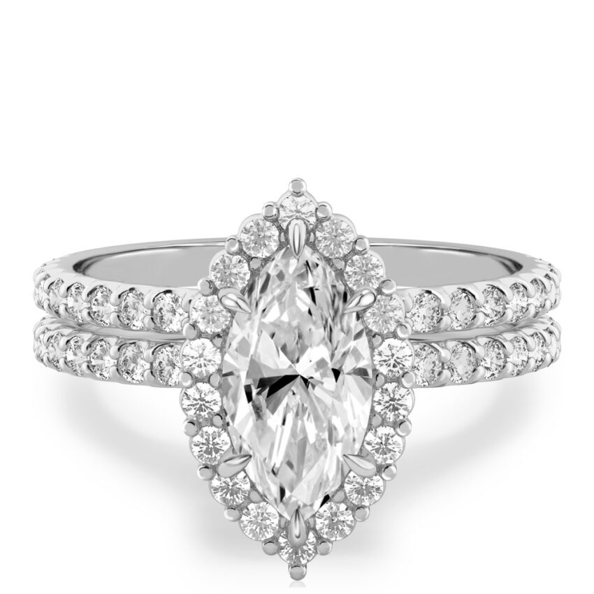 marquise cut diamond scalloped halo engagement ring set in white gold