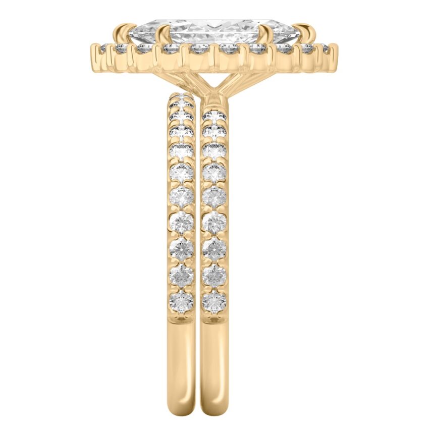 Side view of marquise cut diamond scalloped halo engagement ring set yellow gold