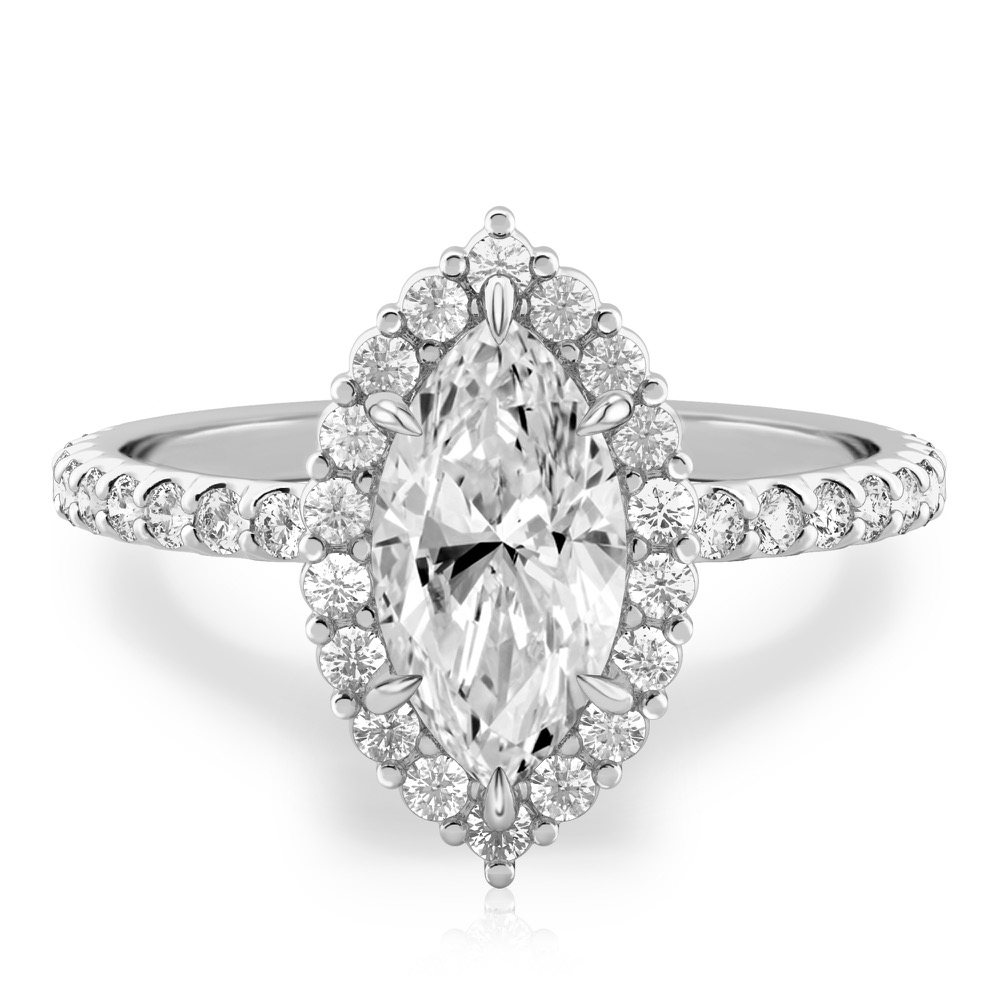 marquise cut diamond scalloped halo engagement ring white gold