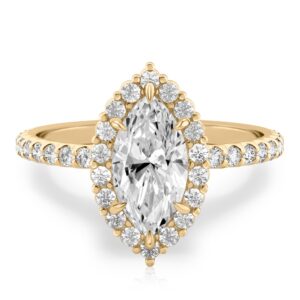 marquise cut diamond scalloped halo engagement ring yellow gold