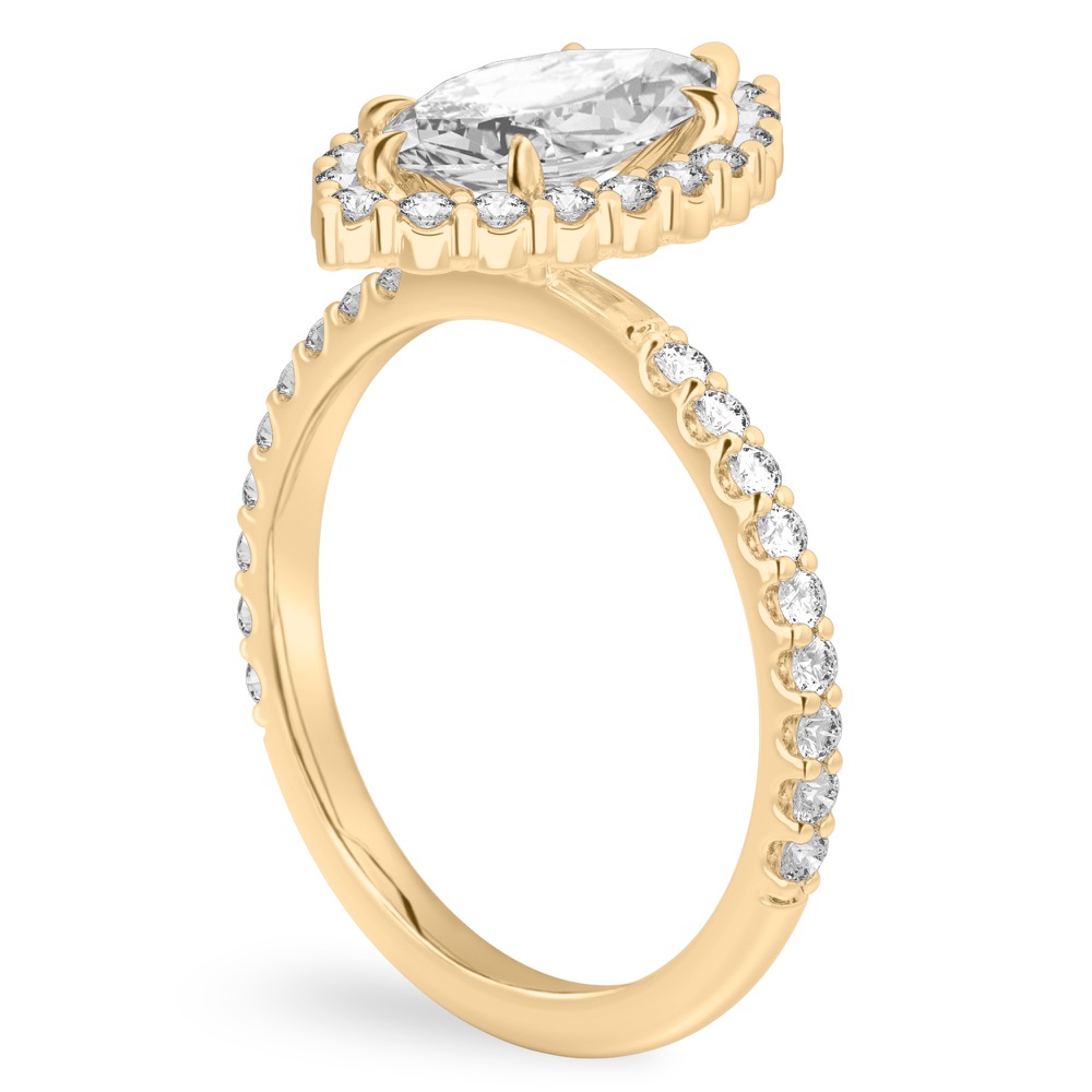 Angle view of marquise cut diamond scalloped halo engagement ring yellow gold