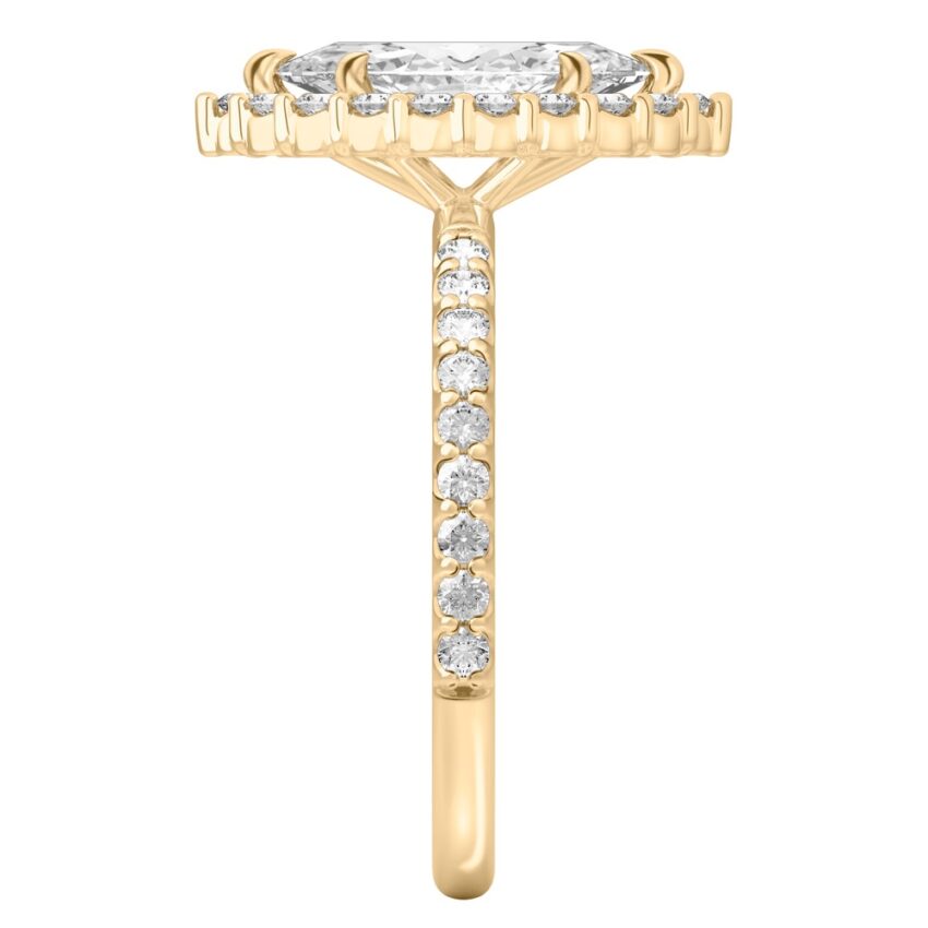 Side view of marquise cut diamond scalloped halo engagement ring yellow gold