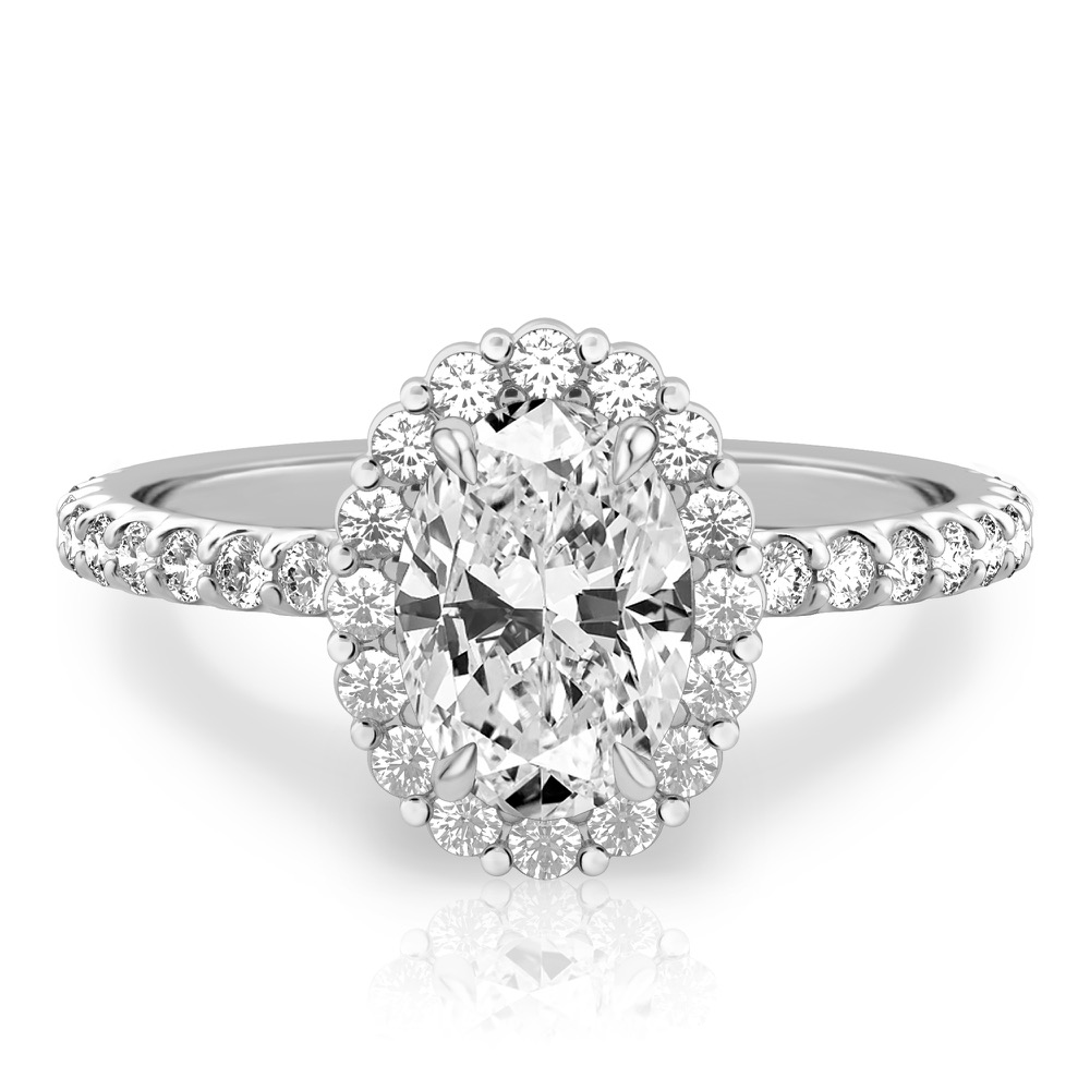 oval shape diamond scalloped halo engagement ring palladium