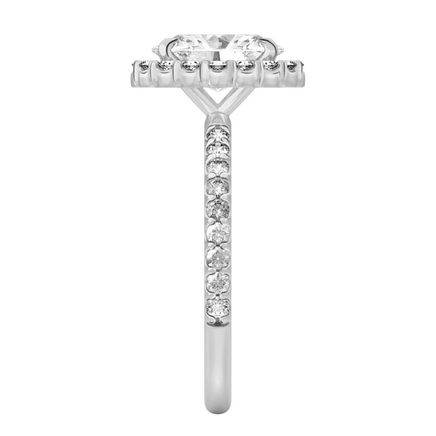 Side view of oval shape diamond scalloped halo engagement ring platinum