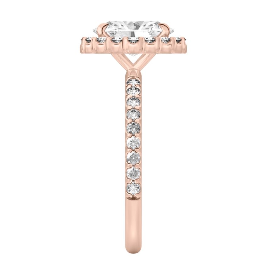 Side view of oval shape diamond scalloped halo engagement ring rose gold