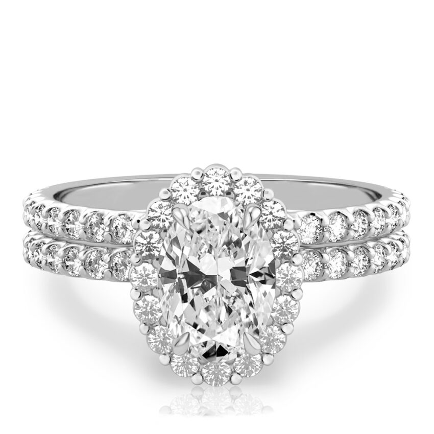 oval shape diamond scalloped halo engagement ring set in platinum