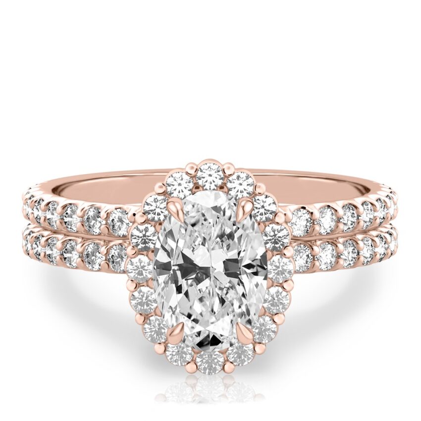 oval shape diamond scalloped halo engagement ring set in rose gold