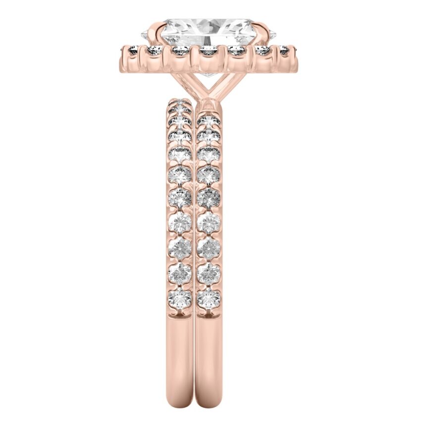 Side view of oval shape diamond scalloped halo engagement ring set rose gold