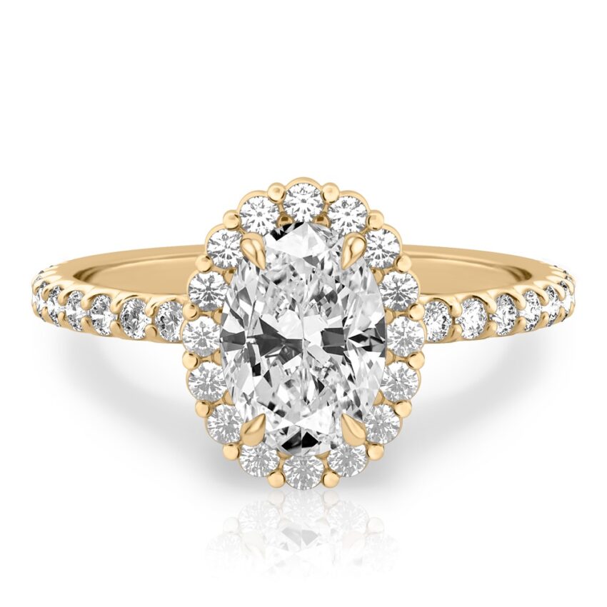 oval shape diamond scalloped halo engagement ring yellow gold