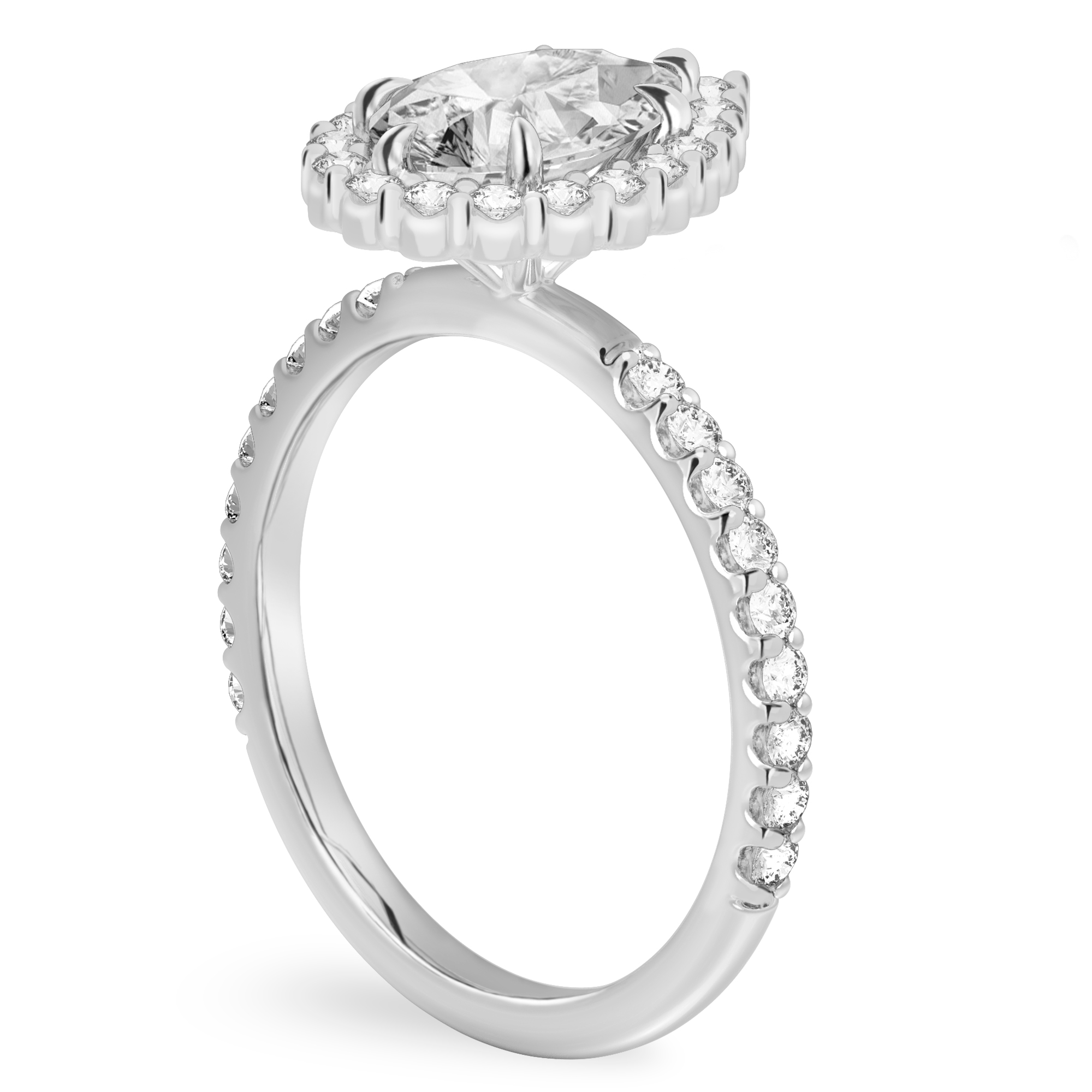 Angle view of pear shape diamond scalloped halo engagement ring platinum