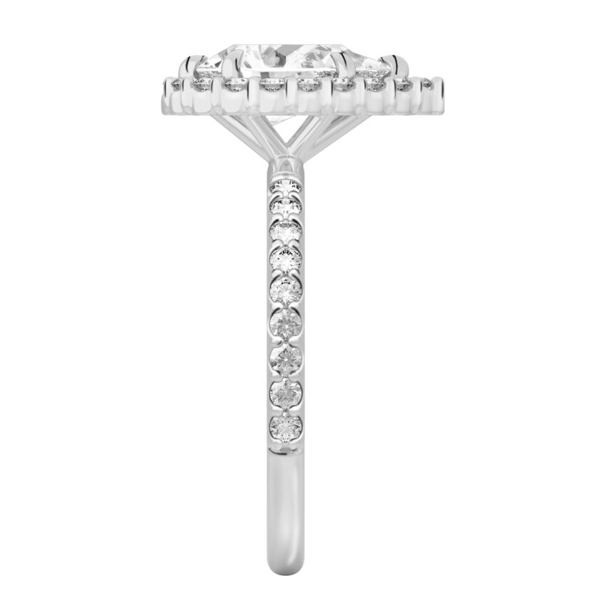 Side view of pear shape diamond scalloped halo engagement ring platinum