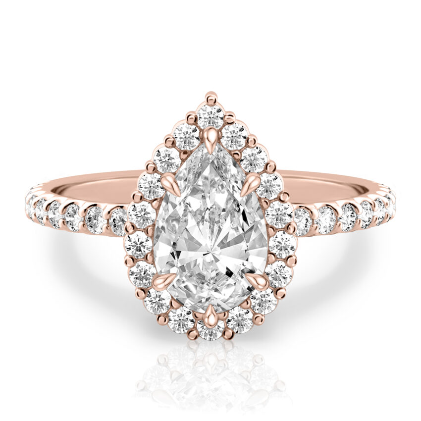 pear shape diamond scalloped halo engagement ring rose gold