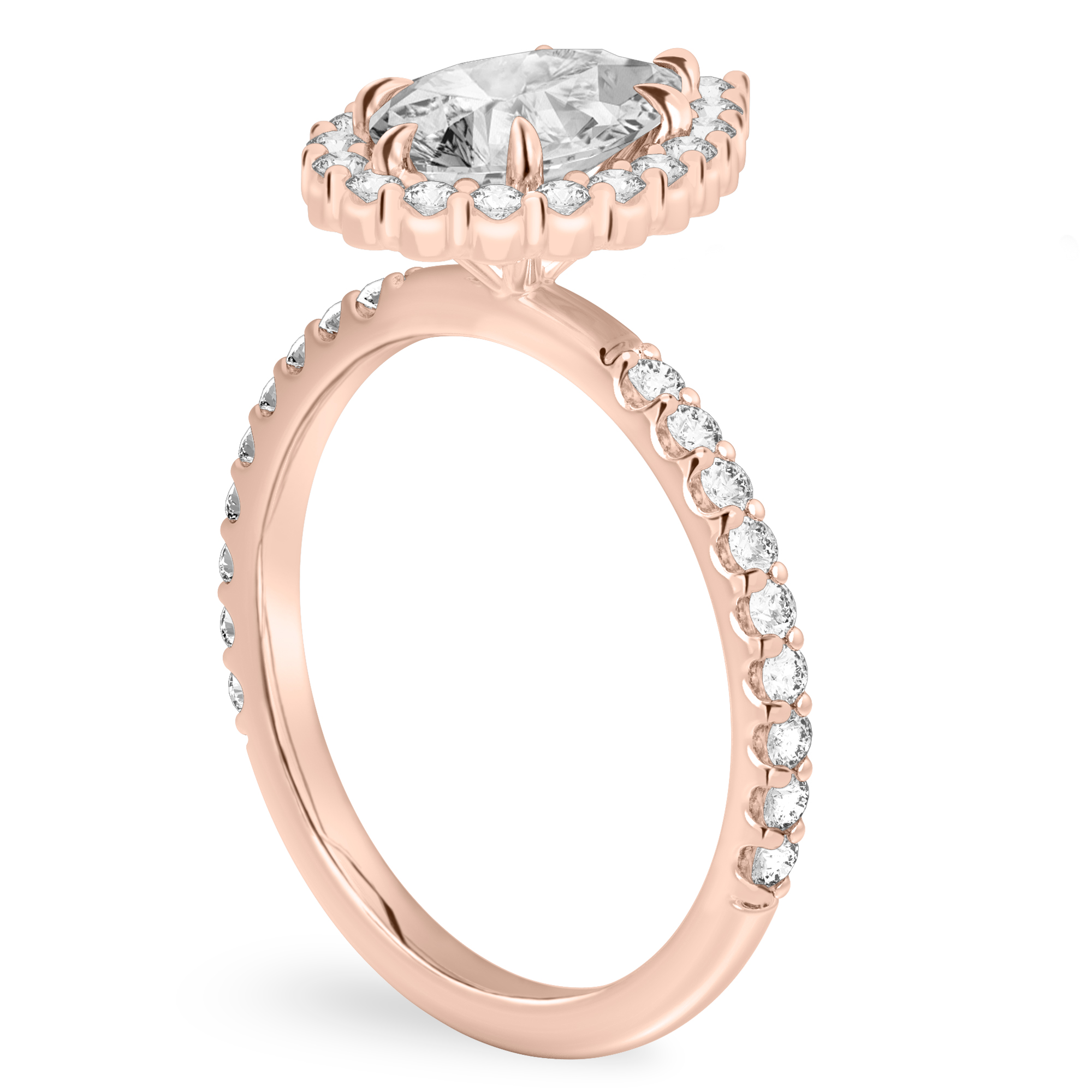 Angle view of pear shape diamond scalloped halo engagement ring rose gold