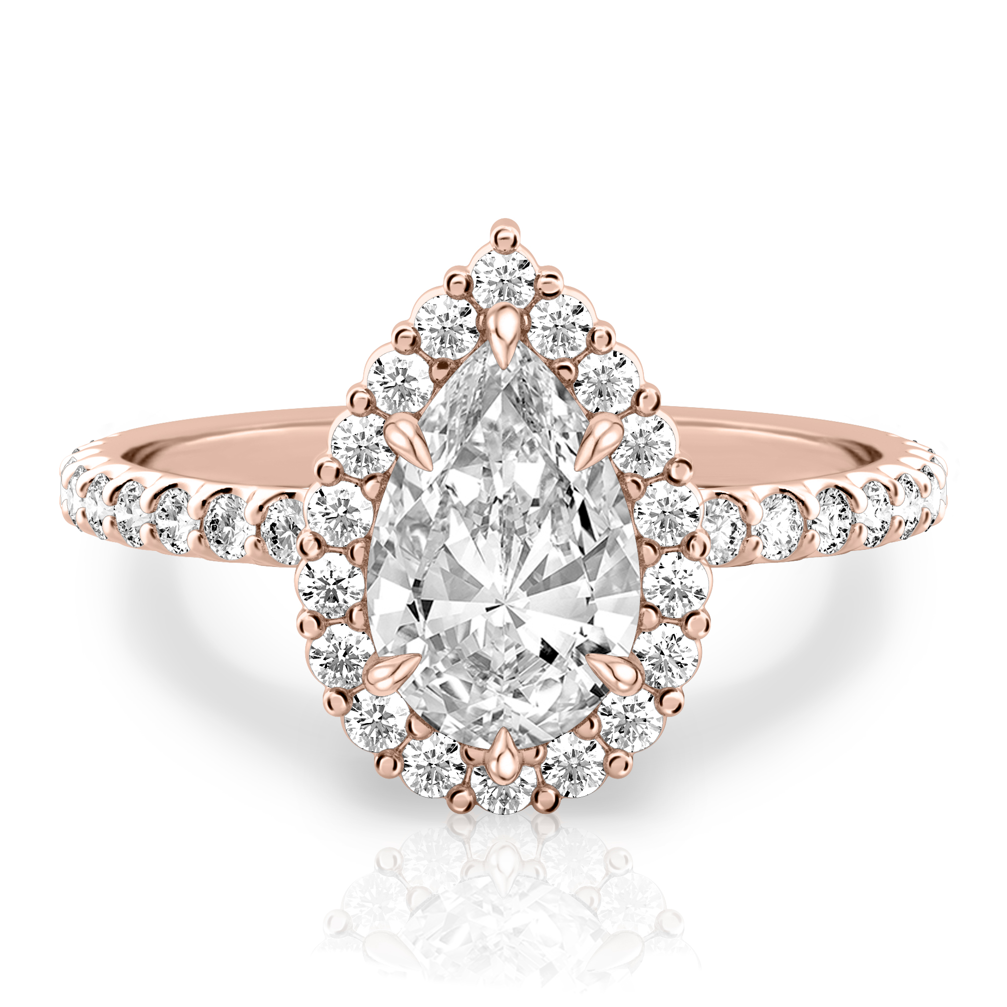 pear shape diamond scalloped halo engagement ring rose gold