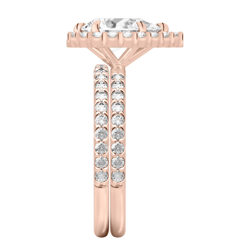 Side view of pear shape diamond scalloped halo engagement ring set rose gold