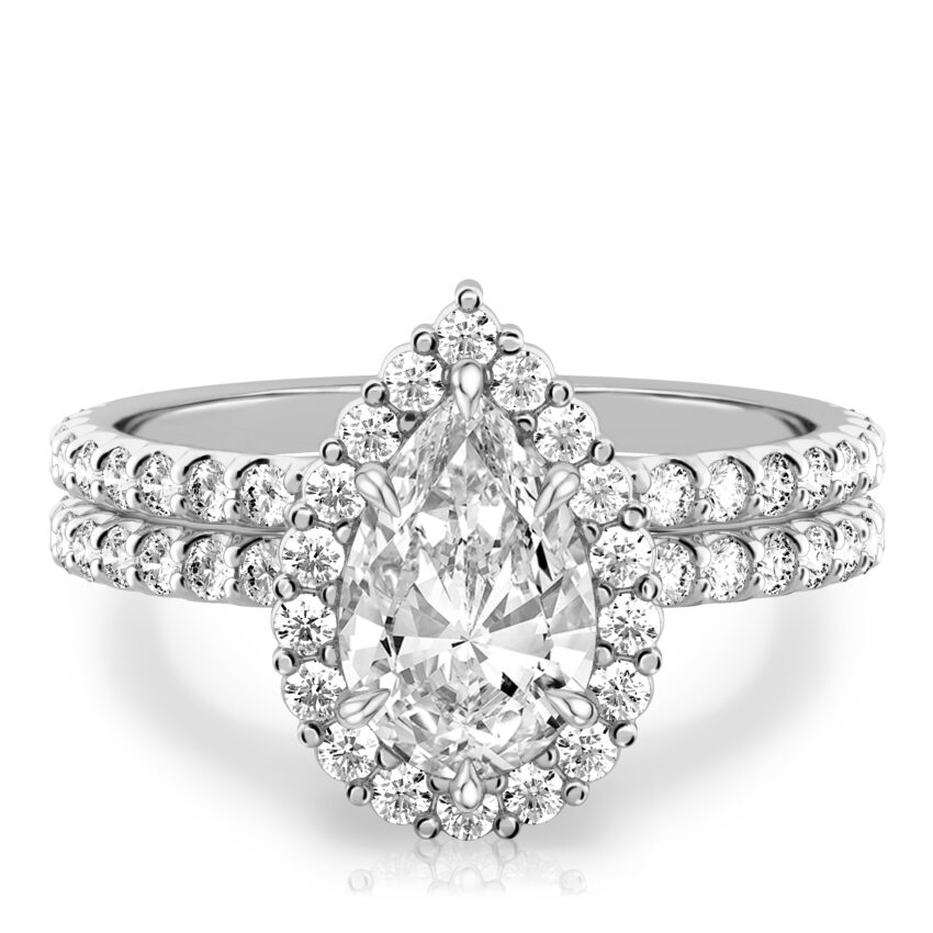 pear shape diamond scalloped halo engagement ring set in white gold