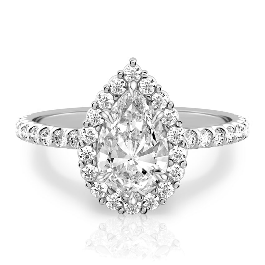 pear shape diamond scalloped halo engagement ring white gold