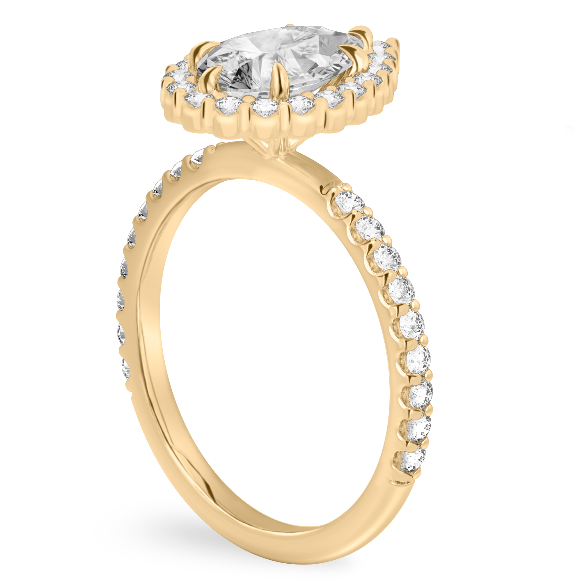 Angle view of pear shape diamond scalloped halo engagement ring yellow gold