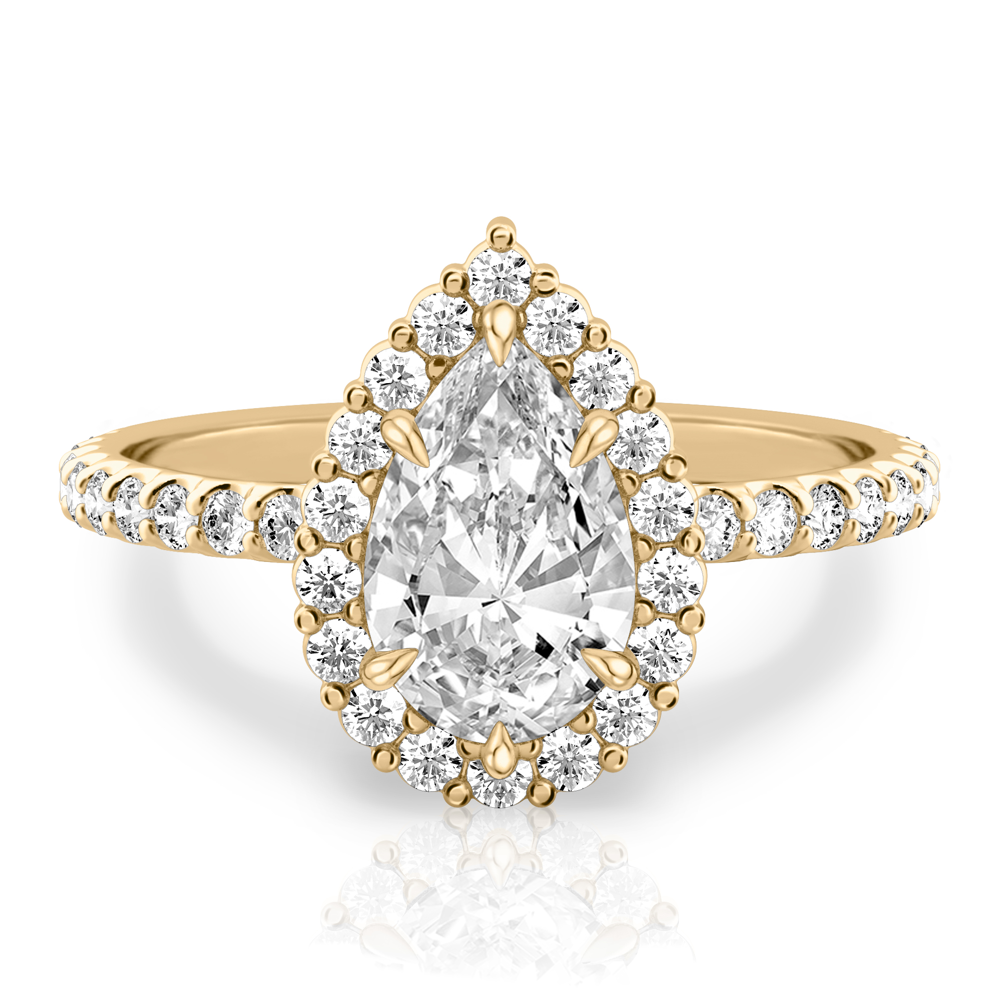 pear shape diamond scalloped halo engagement ring yellow gold