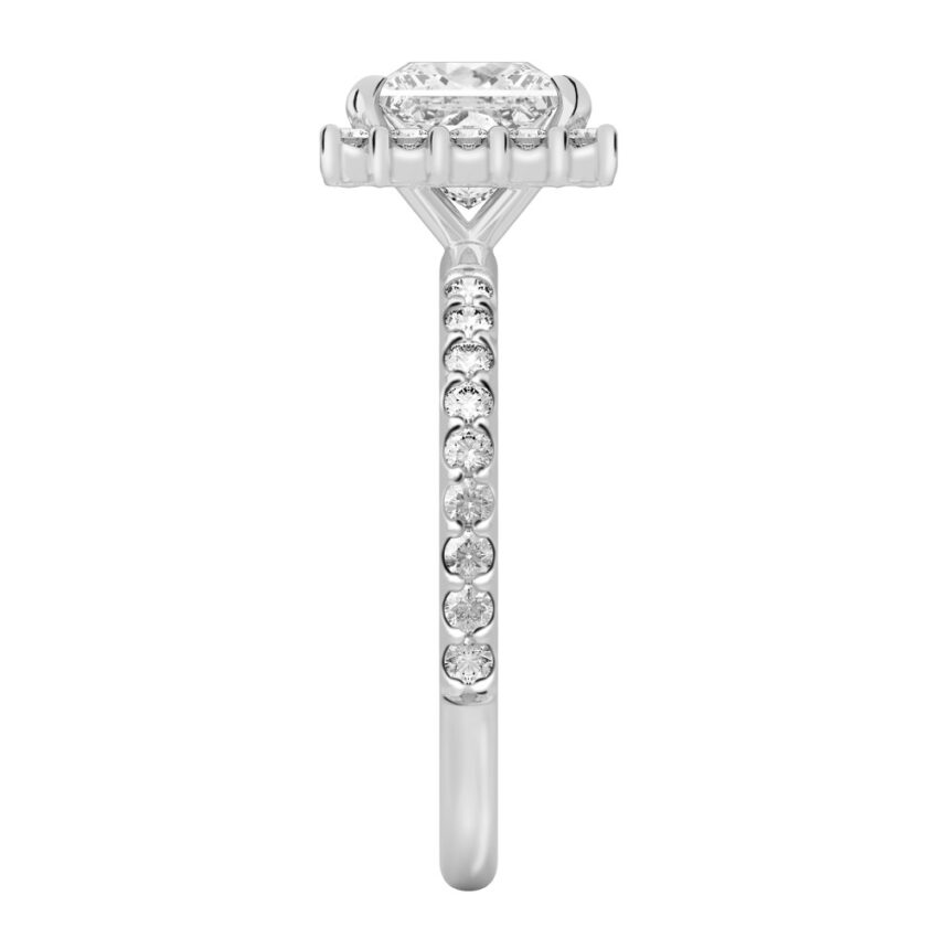 Side view of princess cut diamond scalloped halo engagement ring palladium