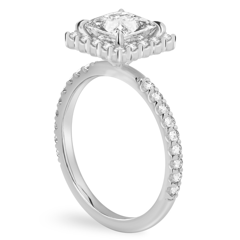 Angle view of princess cut diamond scalloped halo engagement ring platinum