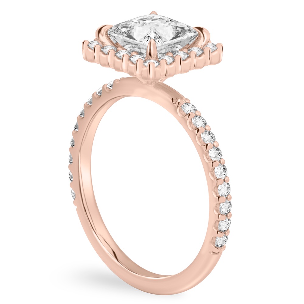 Angle view of princess cut diamond scalloped halo engagement ring rose gold