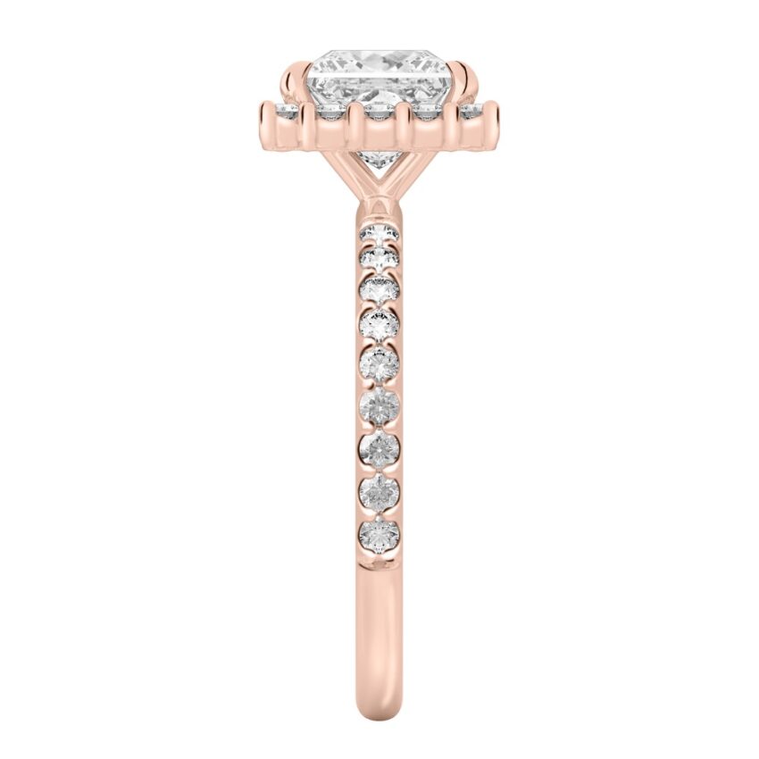 Side view of princess cut diamond scalloped halo engagement ring rose gold