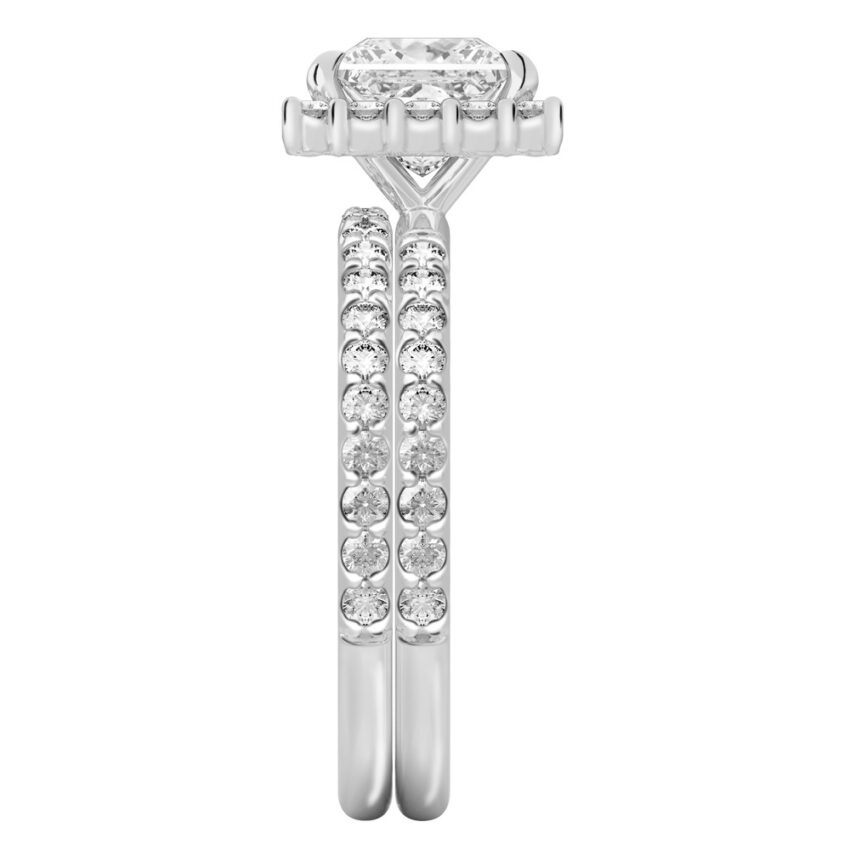 Side view of princess cut diamond scalloped halo engagement ring set platinum