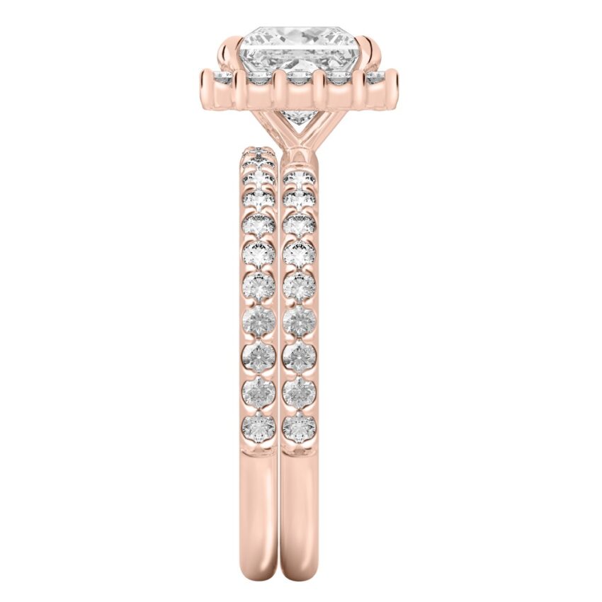 Side view of princess cut diamond scalloped halo engagement ring set rose gold