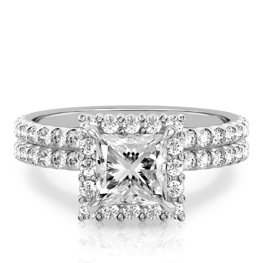 princess cut diamond scalloped halo engagement ring set in white gold