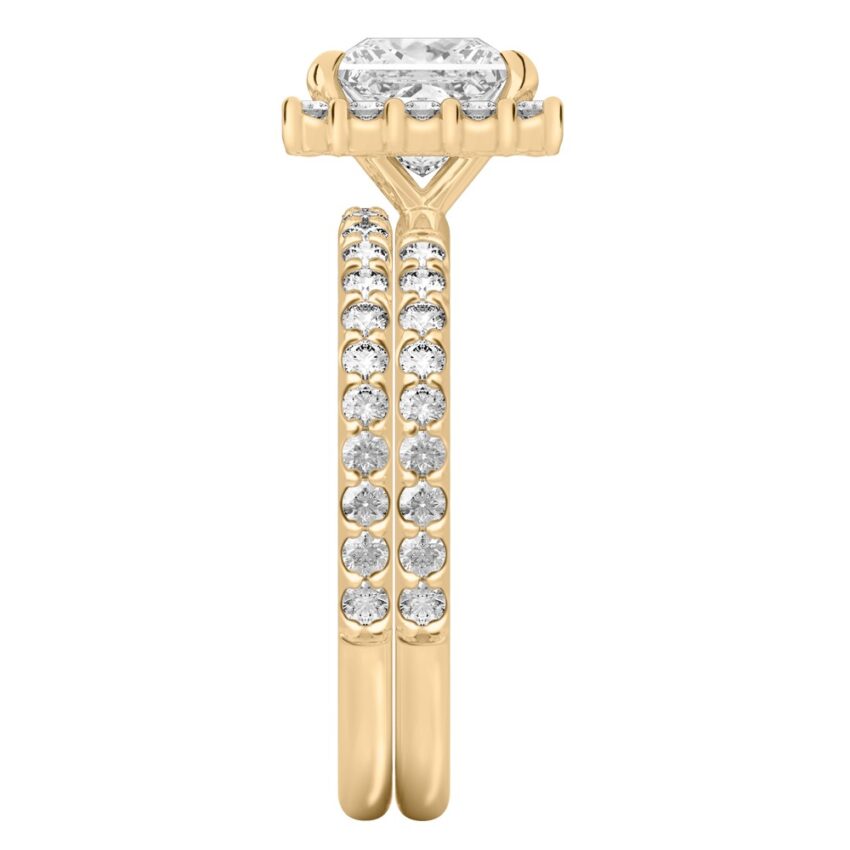 Side view of princess cut diamond scalloped halo engagement ring set yellow gold