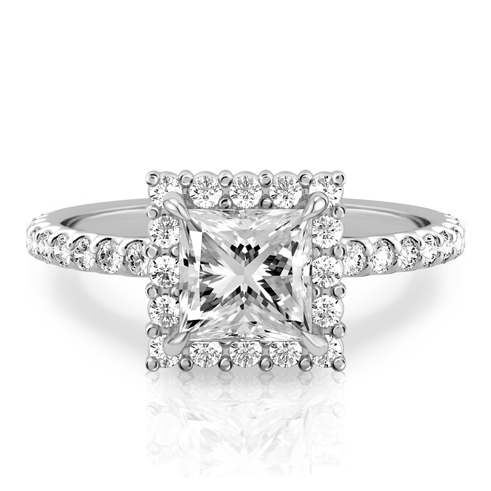 princess cut diamond scalloped halo engagement ring white gold