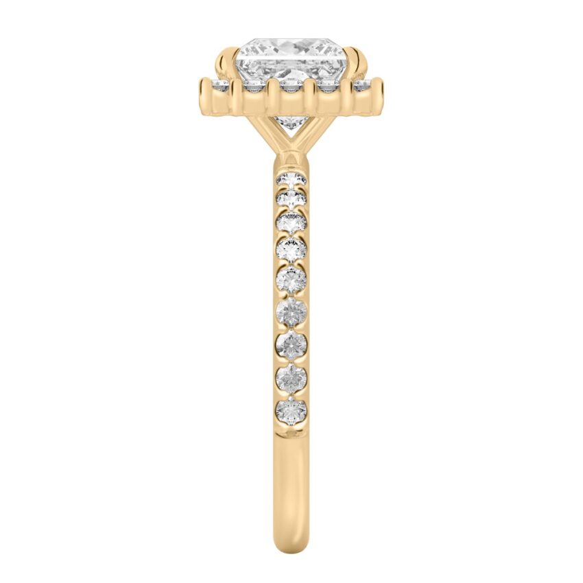 Side view of princess cut diamond scalloped halo engagement ring yellow gold
