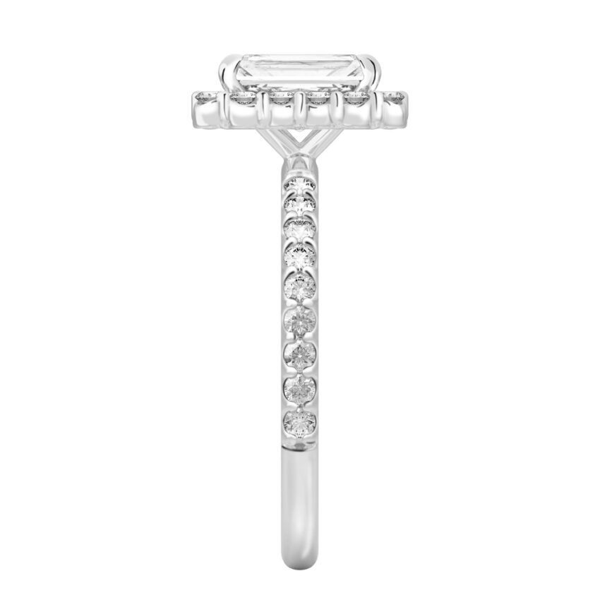 Side view of radiant cut diamond scalloped halo engagement ring platinum