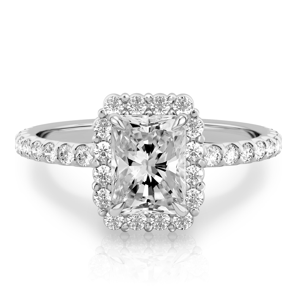 radiant cut diamond scalloped halo engagement ring platinum