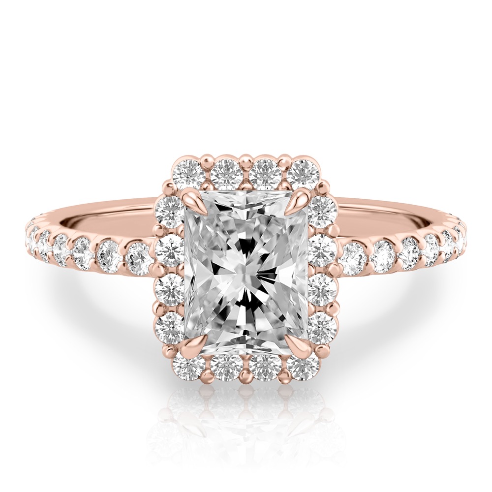 radiant cut diamond scalloped halo engagement ring rose gold