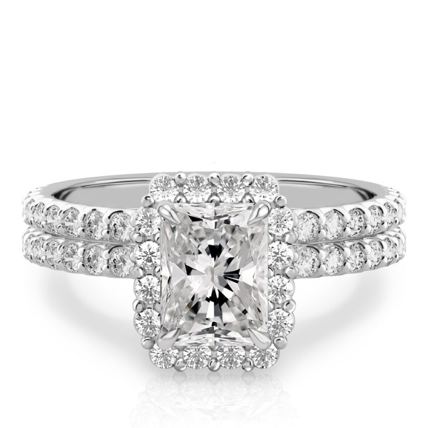radiant cut diamond scalloped halo engagement ring set in palladium