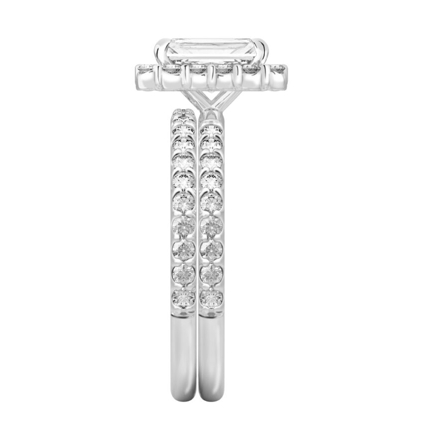 Side view of radiant cut diamond scalloped halo engagement ring set platinum