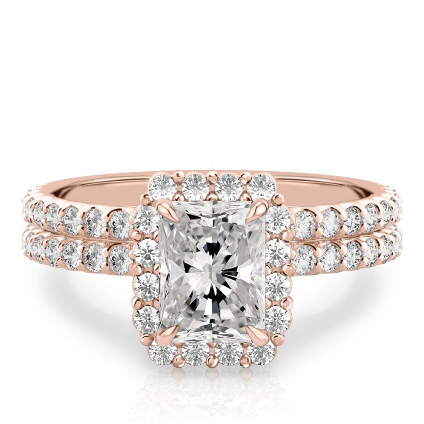 radiant cut diamond scalloped halo engagement ring set in rose gold