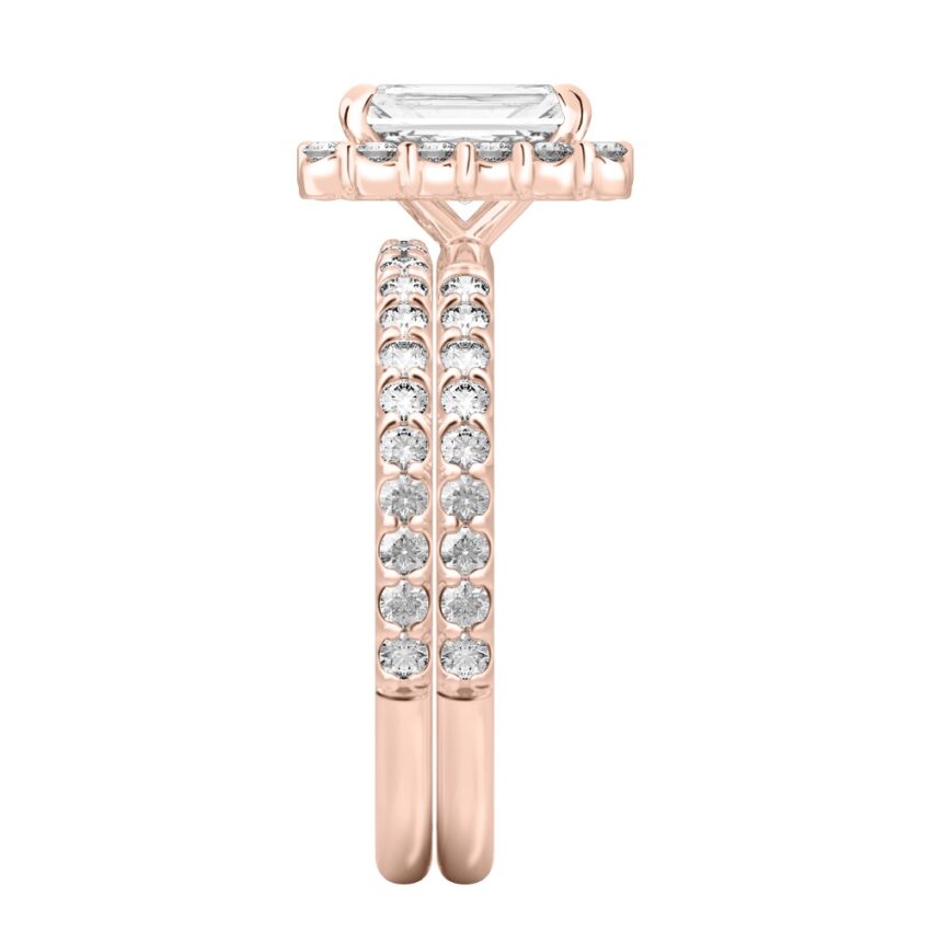 Side view of radiant cut diamond scalloped halo engagement ring set rose gold