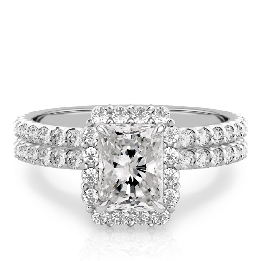 radiant cut diamond scalloped halo engagement ring set in white gold