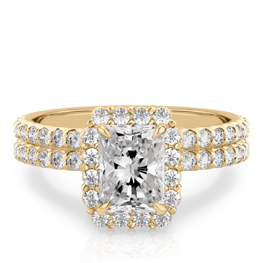 radiant cut diamond scalloped halo engagement ring set in yellow gold